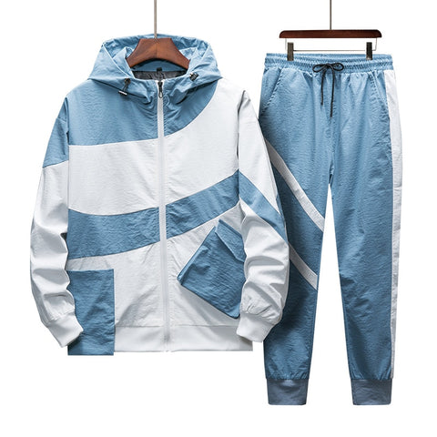 Tracksuit Set Men Spring Autumn Sport Suit Hooded Sweatshirts+Pants Hip Hop Patchwork Two Piece Set For Men Sweatsuit Clothing
