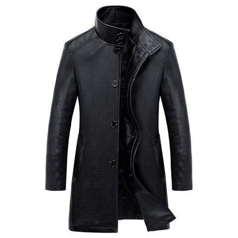 New Luxury Trench Leather Coat Mens Single breasted Business Casual Leather Jacket Male Black Long PU Coat Big Size 4XL